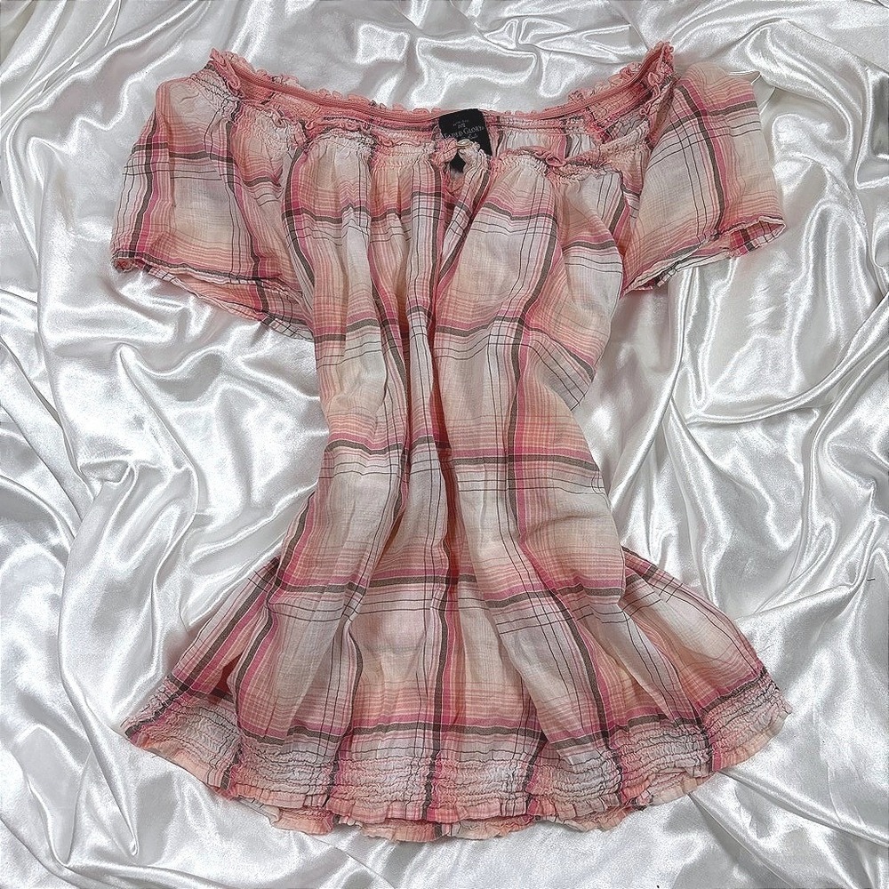 y2k Faded Glory Peasant Top Pink Excellent Plaid Smocked Off The Shoulder XL
